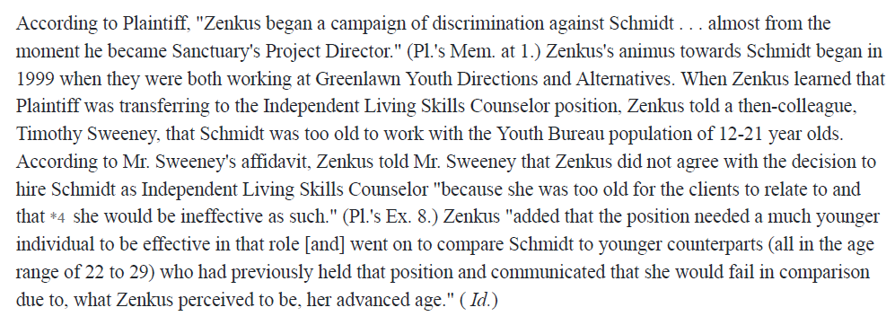 The woman's name was Janie Schmidt. She said that once Zenkus had become her supervisor, he treated her like shit in comparison to the younger female colleagues, who he would ask to come to the bar and hear his band play. Their younger colleagues were 22 to 29.Gross.3/