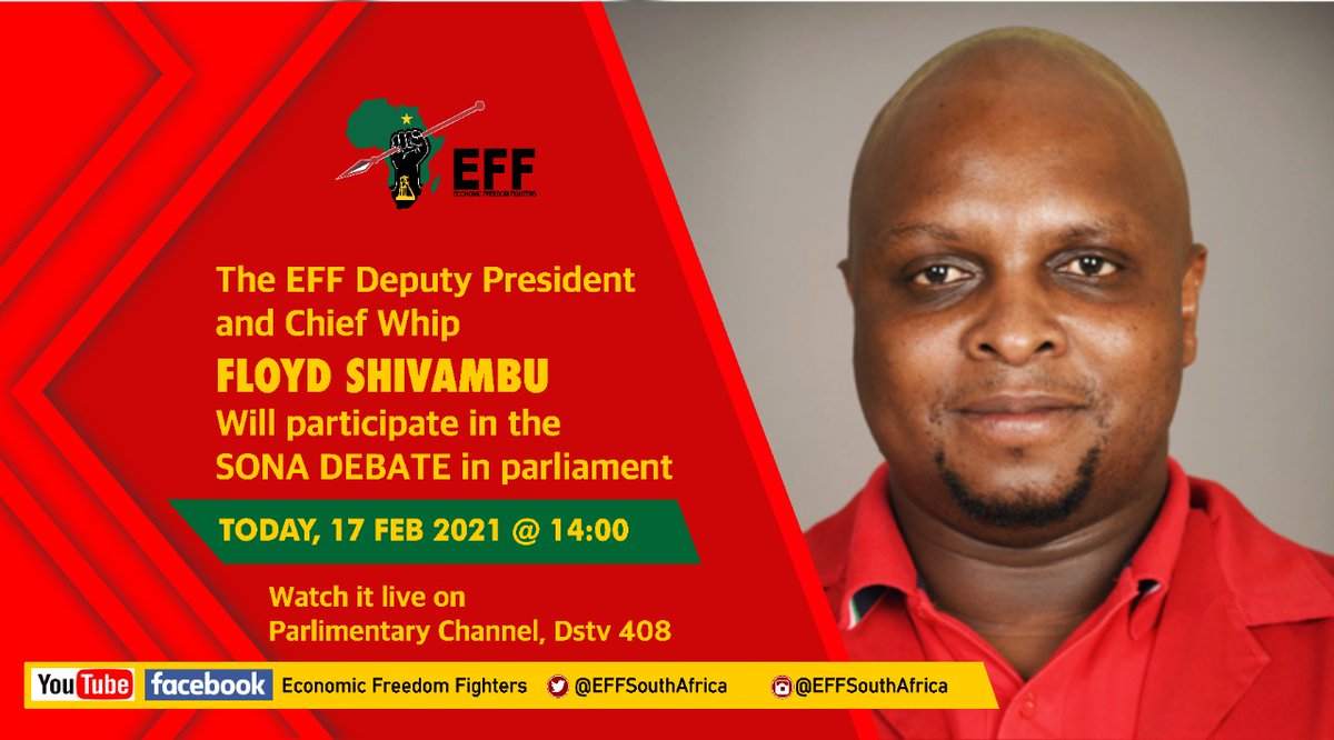 EkurhuleniE's tweet photo. Catch Deputy President @FloydShivambu today as we respond to the state of the nation address by the clueless Ramaphosa.
#EFFisOurLastHope
#CICSonaResponse
#SONA2021 https://t.co/O2EE35gnSp