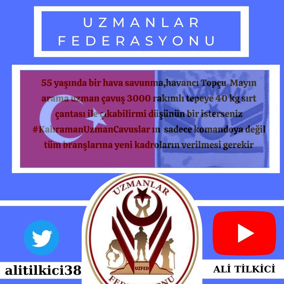 Teklif edilen Kanun içerisinde muhakkak bu maddeler olmalıdır 

#TbmmUzmCvsaHakVer 

1️⃣Aralarında Astlık-Üstlük tesisi
2️⃣40 yaş üstüne sözleşme şartı aranmaması
3️⃣ Kıdemlerinin rütbeden sayılması
4️⃣ Sivil Memurluğa geçen UzmÇvş ların geçmişedönük maaş tazminat