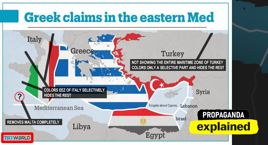 —TRT and Turkish state propaganda EXPLANIED in the following map:● Not showing the entire Turkish EEZ.● Shows only a part of the Italian EEZ with color.● Malta removed completely.● And forgets about Cyprus (next after on same article claims the entirely EEZ of Cyprus)