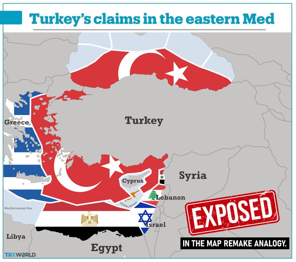 —TURKISH PROPAGANDA EXPOSEDHowever Turkish propaganda exposed in the same map remake analogy.We remake the TRT propaganda map with the entire maritime zones Turkey claims illegally. The "is not fair" or "Greece have maximalistic claims" is absolutely false and void.