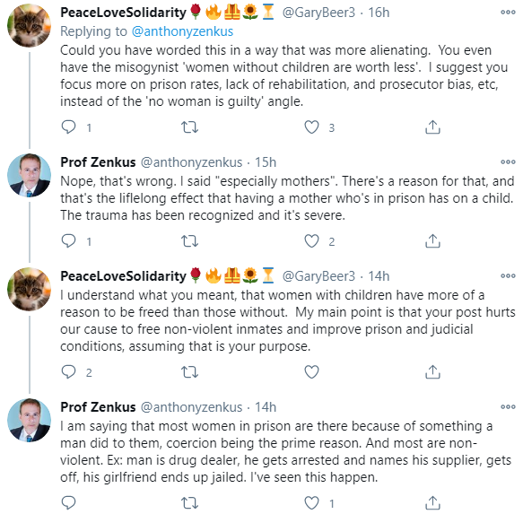 Everything this guy says under his tweet is a case study in the overzealousness of White Knighting. Everything.One of his responses: "...most women in prison are there because of something a man did to them, coercion being the prime reason. And most are non-violent."6/