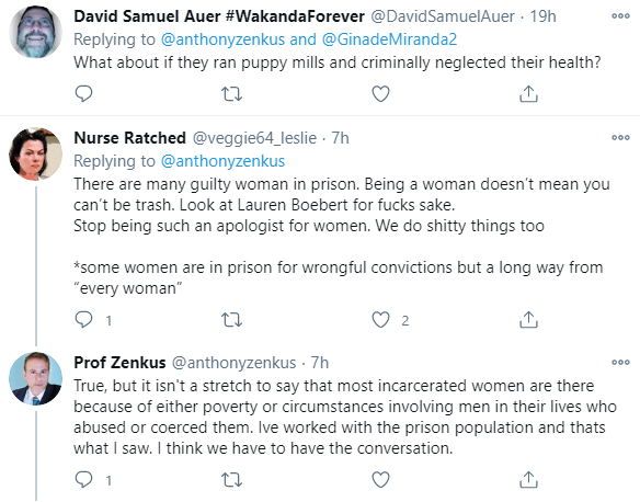 Everything this guy says under his tweet is a case study in the overzealousness of White Knighting. Everything.One of his responses: "...most women in prison are there because of something a man did to them, coercion being the prime reason. And most are non-violent."6/