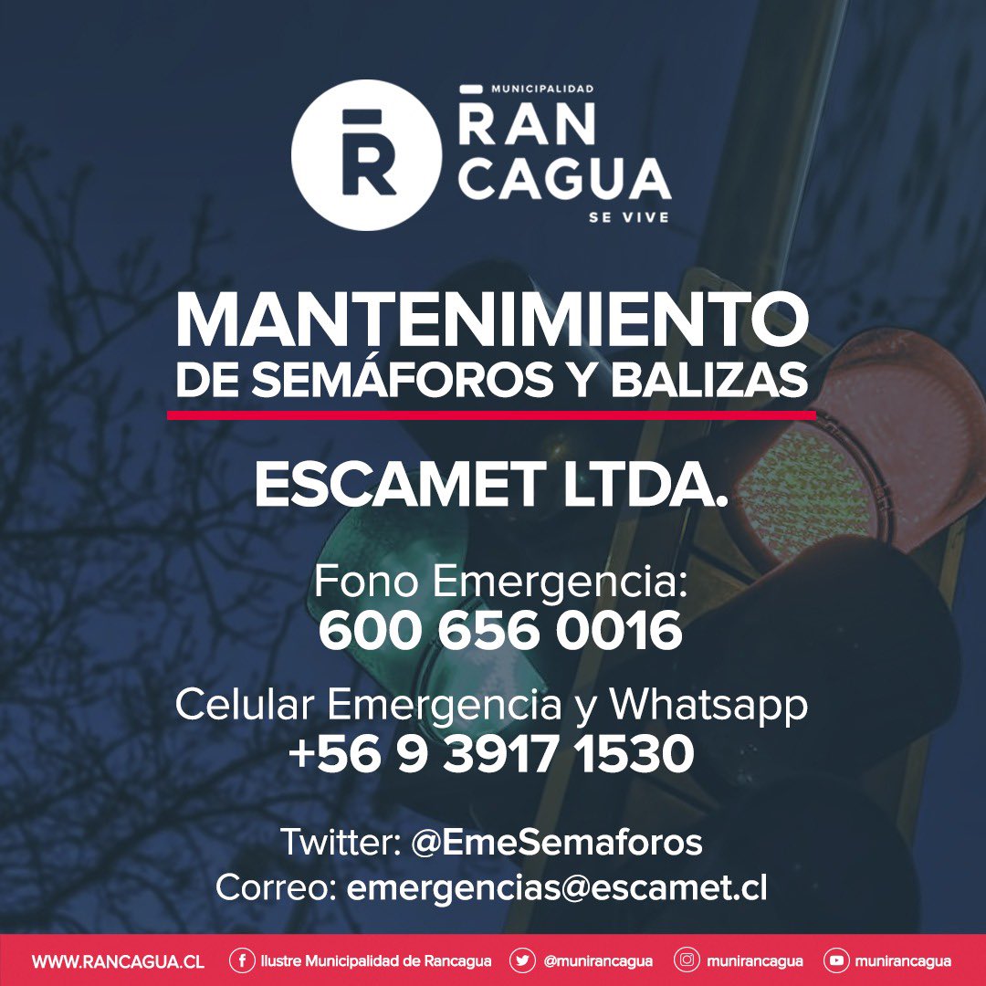 #Rancagua dispone de una empresa de mantenimiento de semáforos: Escamet Ltda. Para conocer teléfono de emergencia, WhatsApp, Twitter y correo donde poder hacer las denuncias o solicitudes por fallas, revisar acá: