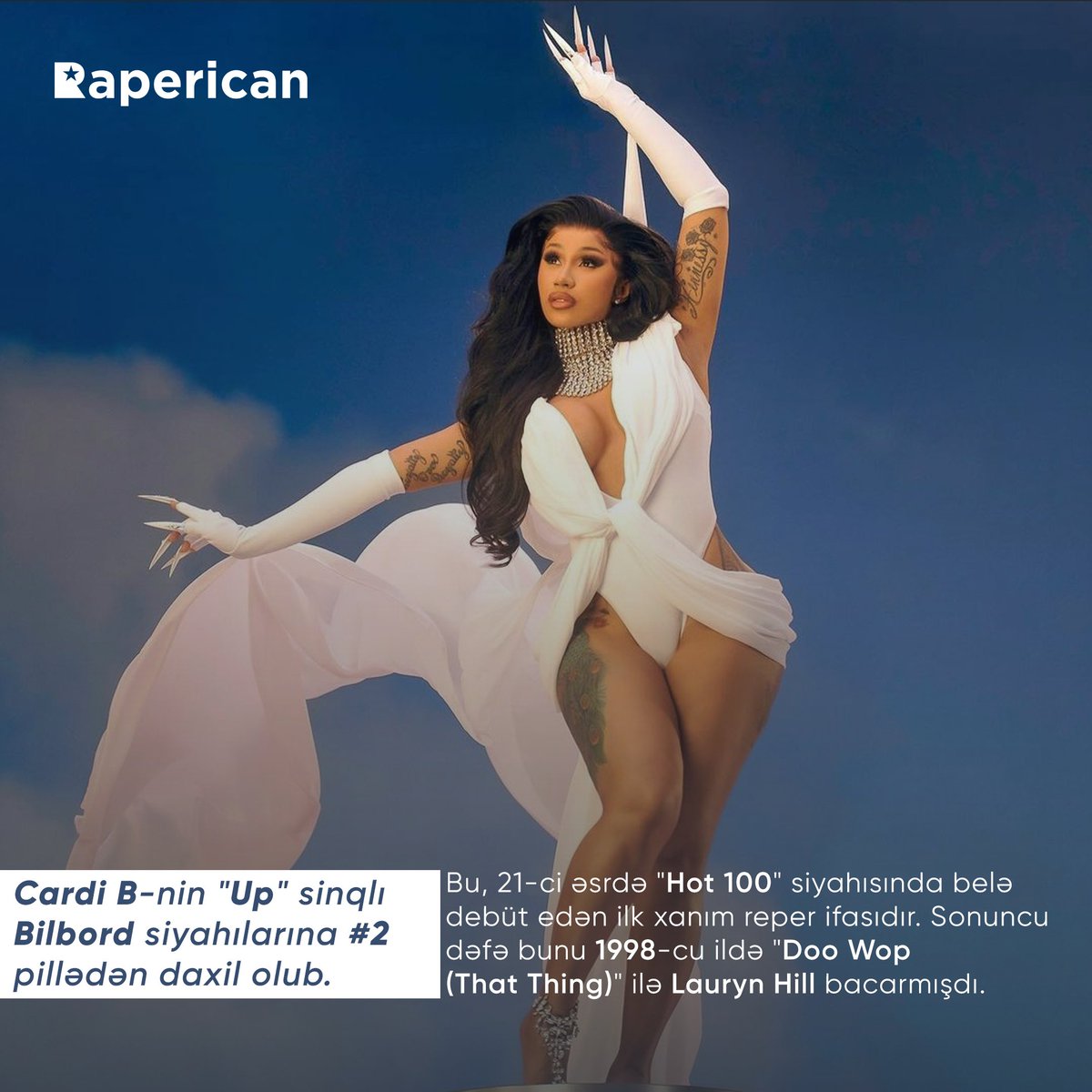 raperican's tweet image. @iamcardib's "Up" debuts at #2 on @billboard 📈 

It is the highest debuting solo track by a female rapper on the 'Hot 100' this century, since @MsLaurynHill's 1998 song, "Doo Wop (That Thing) 🏆 

📸: @FloNgala

#raperican #cardib #up #Billboard #laurynhill #doowop