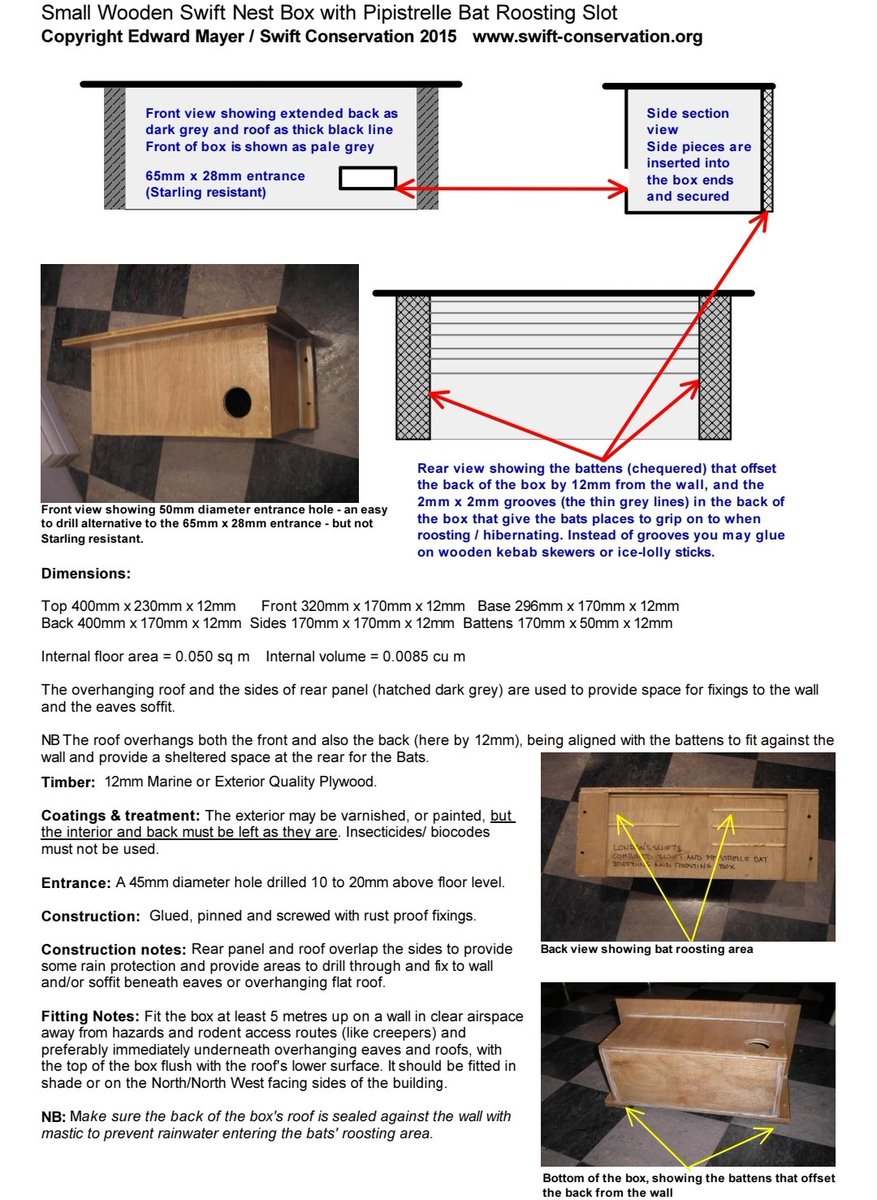 It's #NationalNestboxWeek folks! Here's a simple plan for a Swift Nest Box incorporating Bat roost space..For more designs go to @AfSwifts blog, @BristolSwifts or Swift Conservation websites..