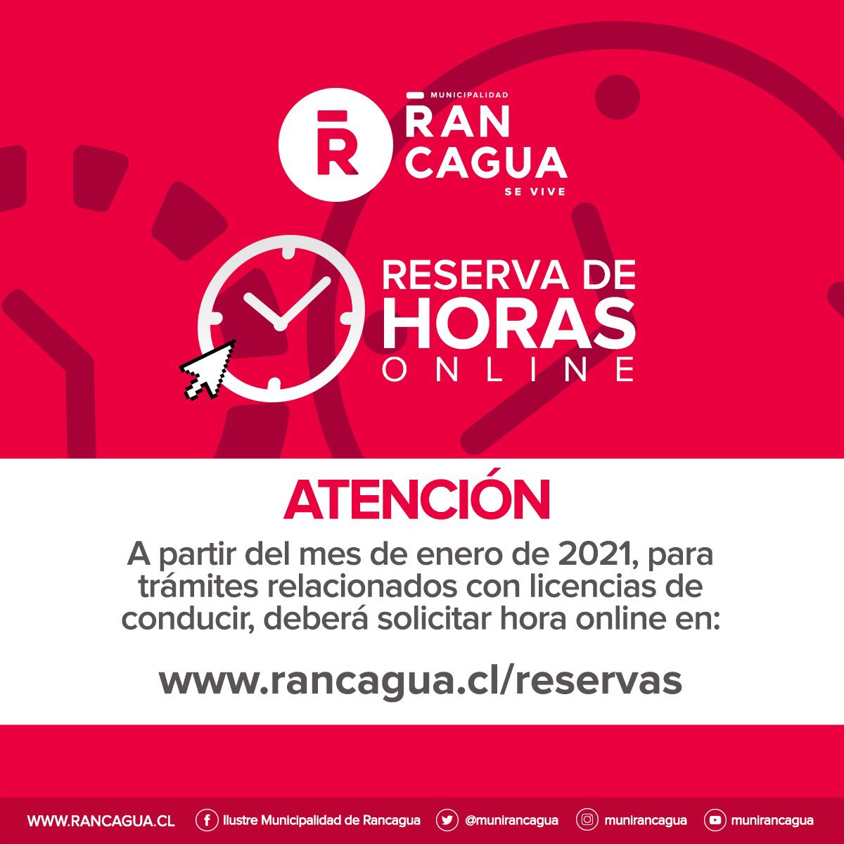 #Rancagua A partir del mes de enero del 2021, todos los trámites relacionados con la Licencia de Conducir se realizan vía on line, esto como medida de precaución ante la situación de pandemia que afecta a la ciudad y el país. Para más información revise la siguiente gráfica: