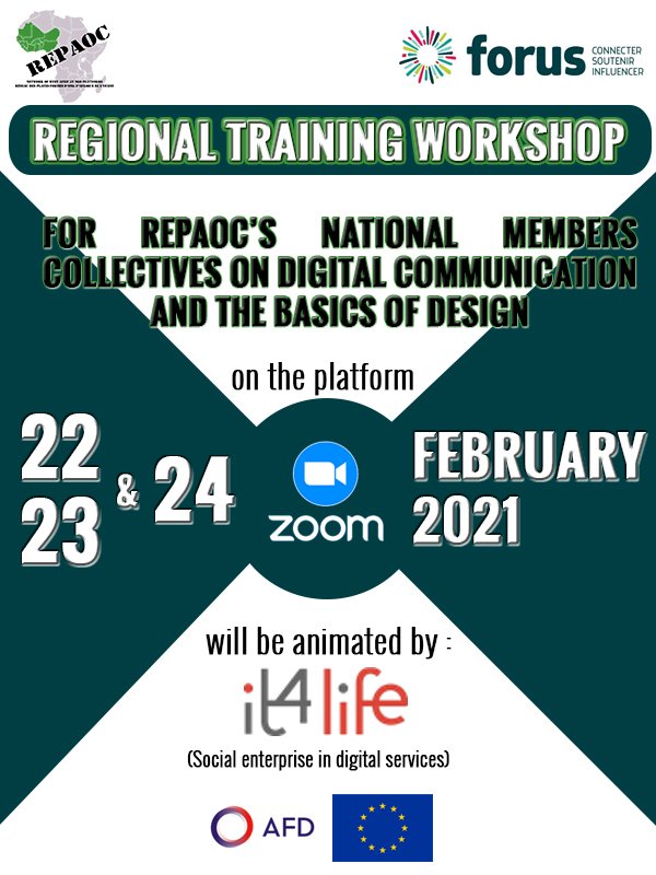 REGIONAL TRAINING WORKSHOP FOR REPAOC’S NATIONAL MEMBERS COLLECTIVES ON DIGITAL COMMUNICATION AND THE BASICS OF DESIGN
ON 22, 23 &amp; 24 FEBRUARY 2021 ON THE PLATFORM  ZOOM AND WILL BE ANIMATED BY IT4LIFE.

<a href="/REPAOCReseau/">REPAOC</a> 
<a href="/Forus_Int/">Forus</a> 
<a href="/AFD_France/">Agence Française de #Développement (AFD) 🇫🇷 🇪🇺</a> 
<a href="/LUnionEuropenne/">L'Union Européenne</a> 
@IT4LIFE