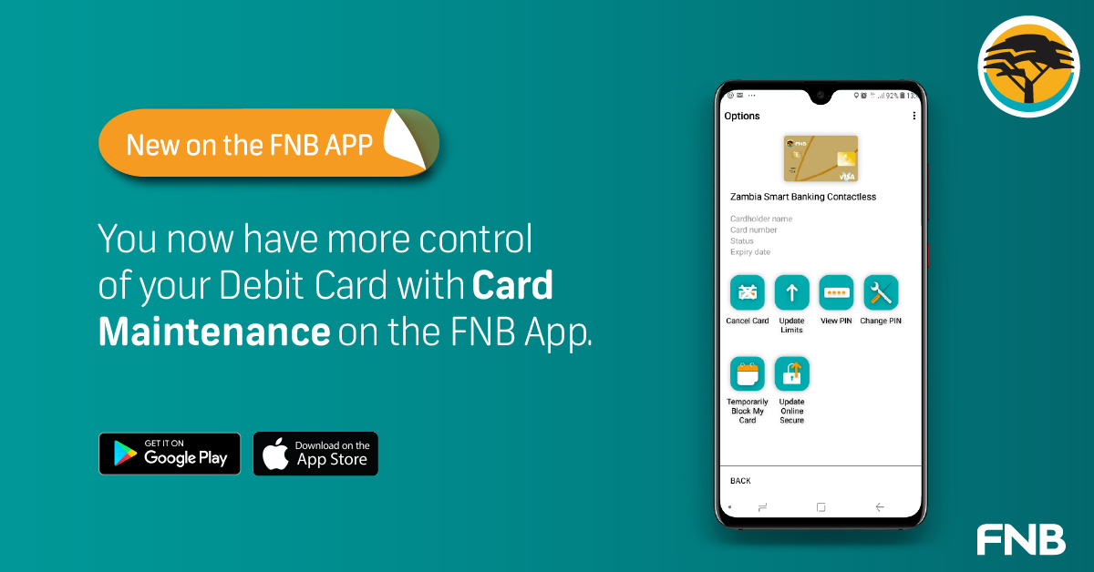 You now have control of your Debit Card with Card maintenance under the "Cards" icon on the FNB App. Let us help you manage your cards at your own convenience. #realhelp https://t.co/amZ4C5n5qV