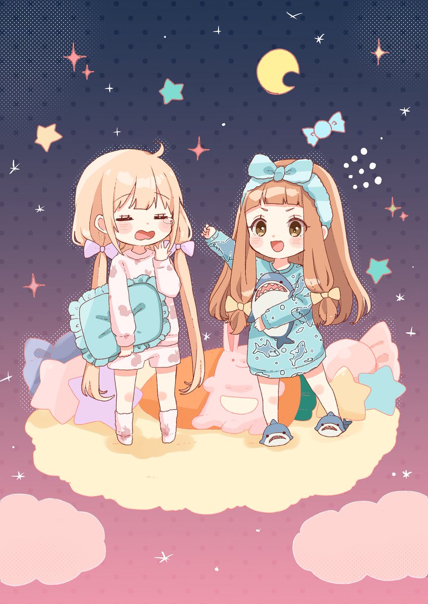 futaba anzu ,ichihara nina multiple girls 2girls pajamas open mouth long hair crescent moon slippers  illustration images