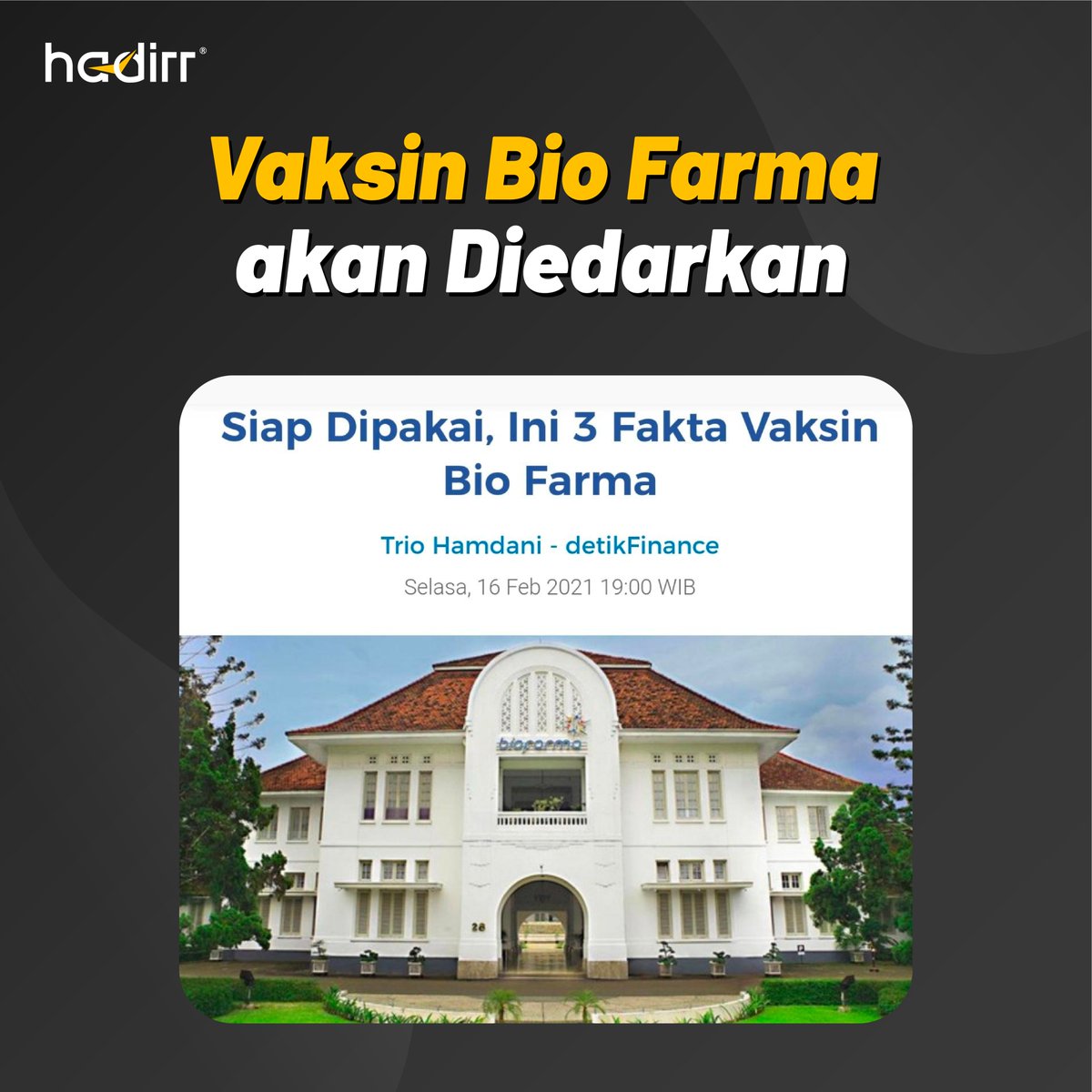 HadirrApp's tweet photo. Vaksin #Covid-19 produksi Bio Farma sudah disetujui @BPOM_RI nih. Kira-kira kamu siap divaksinasi gak?

Btw, @biofarmaID pakai @HadirrApp buat monitor presensi &amp; kinerja karyawan #workfromhome selama pandemi loh. Nah, kantormu gimana? Cobain Hadirr sekarang juga yuk! https://t.co/7P3giWxJgP