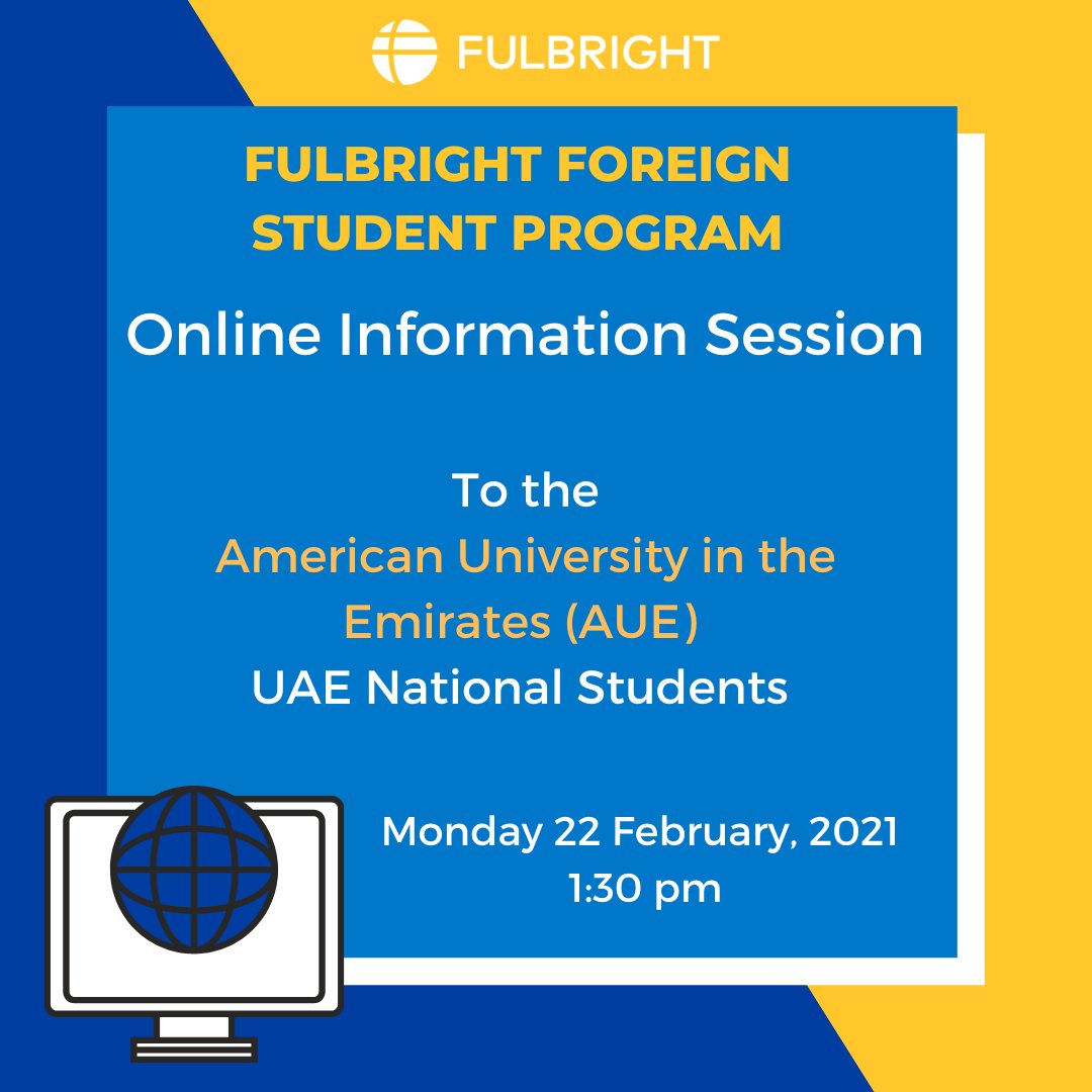 AMIDEASTuae's tweet photo. @aueau Students! The #Fulbright Foreign Student Program Information Session for the 2022 cycle will take place online on Monday 22 February, 2021 at 1:30pm!
#Fulbright #EducationalProgram #StudyinTheUS #AMIDEASTUAE #AMIDEASTHQ #USAinUAE #UAEEducation #ExchangePrograms #USA https://t.co/CnrSPpM4wZ