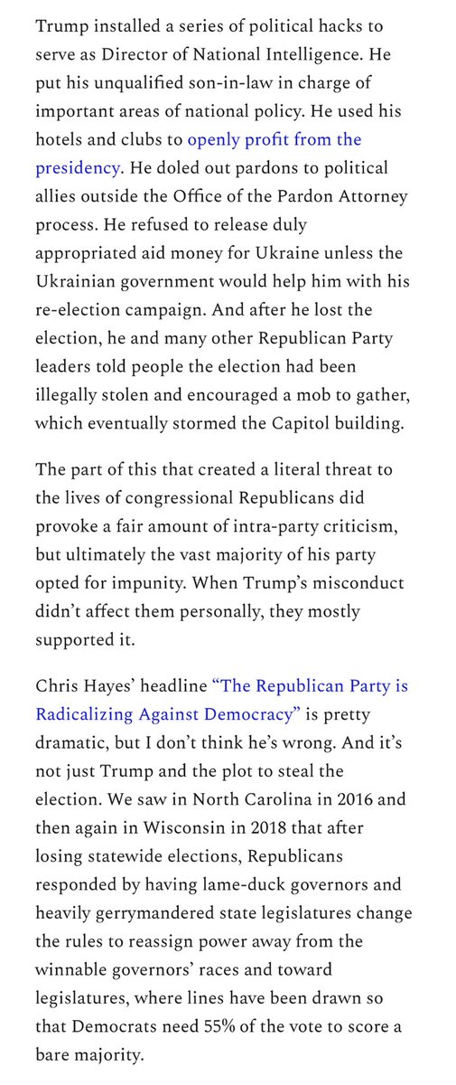 Instead, today’s liberals worry that — in  @chrislhayes’ words — Republicans are “radicalizing against Democracy” and increasingly able to win power with <50% of the vote.  https://www.slowboring.com/p/is-asymmetrical-polarization-real