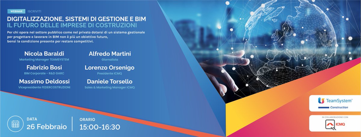 TeamSystem in collaborazione con ICMQ organizza il webinar gratuito “Digitalizzazione, sistemi di gestione e BIM – Il futuro delle imprese di costruzioni” il giorno 26 febbraio 2021, dalle ore 15 alle 16,30. Per info e iscrizioni ow.ly/jAn250DCiMx