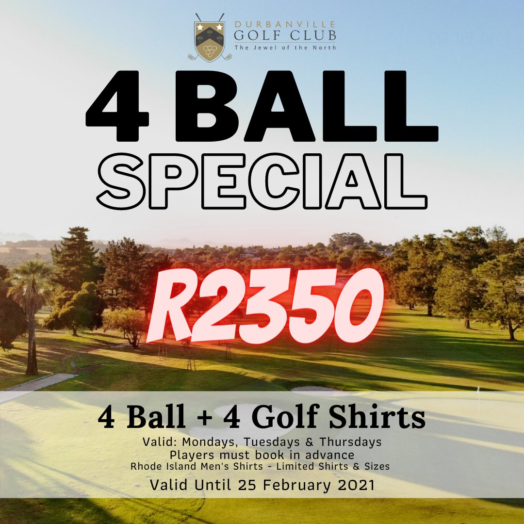 Take a look at this incredible DEAL now at Durbanville Golf Club⛳4 Ball + 4 Shirts for only R2350 ‼ 😎

Book your spot today - Call the Pro Shop at 021 976 8120 📞

We look forward to seeing you all soon! ⛳
T's &amp; C's Apply- Valid Until 25 February 2021