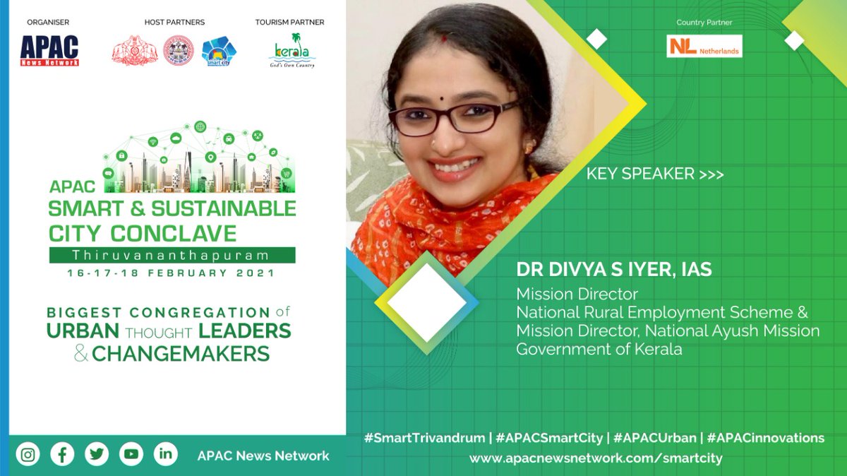 Apacnewsnetwork's tweet photo. We are delighted to welcome Dr Divya S Iyer, MD, Mahatma Gandhi National Rural Employment Scheme, &amp; Mission Director, NAM,Kerala as a Key Speaker at APAC Smart &amp; Sustainable City Conclave to be held on 16-18 Feb, 2021.

Website: https://t.co/ZUgcmfCJVc
#APACSmartCity

@DSIyer https://t.co/tIdOkbk0yO