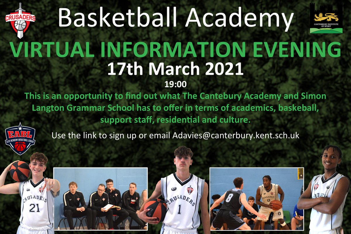 KentCrusadersBB's tweet photo. 🏀Basketball Academy Virtual Information Evening📚 
Sign up and tune in to find out what the @CantInstofSport and @LangtonSport have to offer student athletes interested in playing @OfficialEABL and studying at the same time. 
👀 Graphic for all info. 
📰📎https://t.co/rFipNPMFQX https://t.co/qevaclw1Np