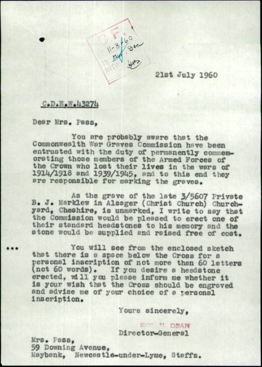 The relatives of Private B.J. Marklew, who died in October 1919, originally refused to have a  @CWGC headstone erected. In 1960, with the grave still unmarked, the  @CWGC contacted Private Marklew's daughter to ask whether they could now erect a headstone on his grave. 2/11