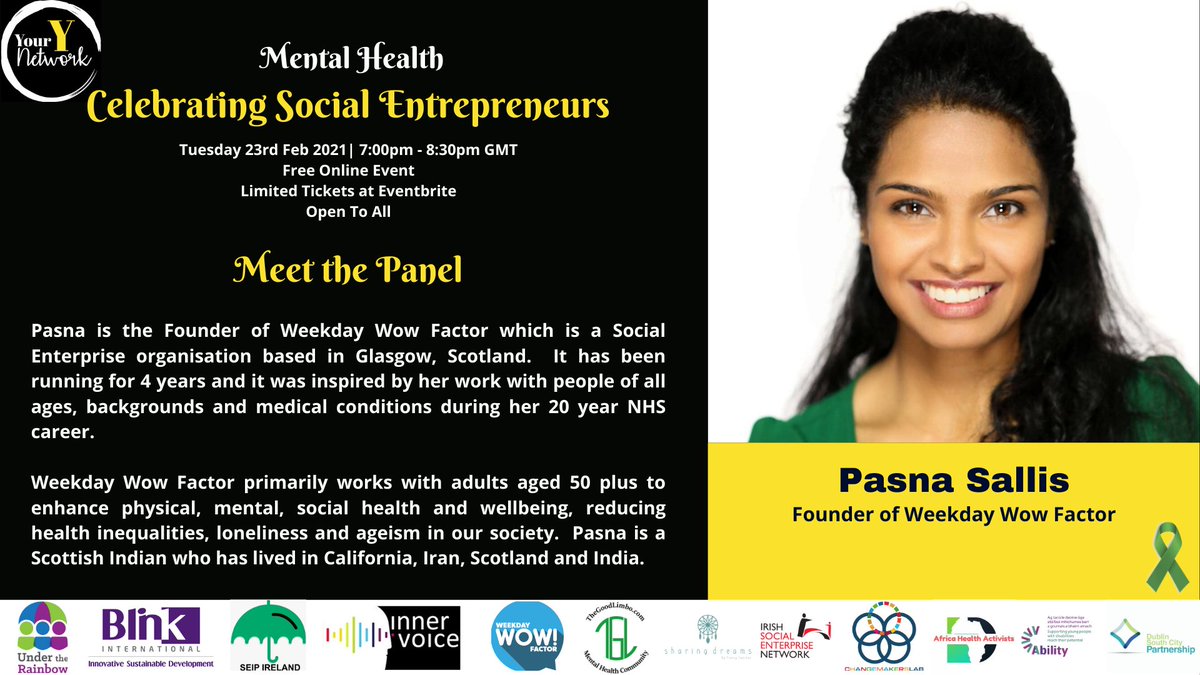 Meet the Panel...

@pasna is the founder of @Weekdaywowfacto a #socialenterpise that works with adults aged 50 plus to enhance their physical, mental, social health and wellbeing.

Register Now for your FREE ticket..
eventbrite.ie/e/mental-healt…