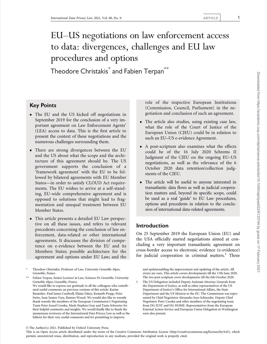 😊Fantastic News!🥂Our study on EU🇪🇺US🇺🇸 negotiations for agreement on LEA access to data is now in advanced/open access <a href="/OUPLaw/">OUP Law</a> International Data Privacy Law
Useful to all interested in transatlantic data flows 
#eEvidence #CloudAct #SchremsII #GDPR 
👇
academic.oup.com/idpl/advance-a…