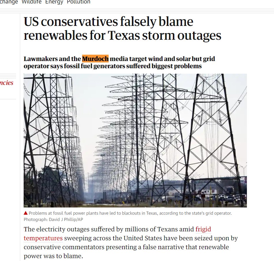 Hi  @guardian. It isn't just "Murdoch media": that's a cop-out. It's an industry-wide problem and ignoring that is a huge part of why it persists and why every time the fossil fuel industry causes blackouts, they also see massive PR wins against renewables https://www.theguardian.com/us-news/2021/feb/17/conservatives-falsely-blame-renewables-for-texas-storm-outages