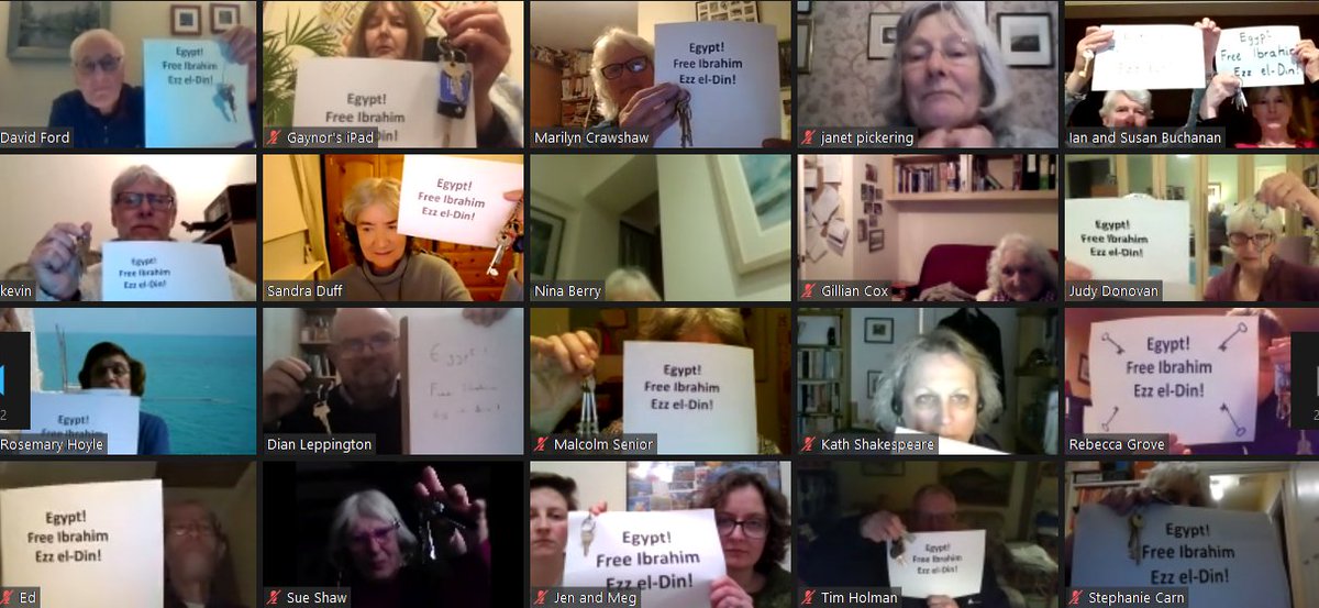 IreneSandraD's tweet photo. @AmnestyUK #HumanRightsViolations #Egypt.6 #AmnestyGroups joined a #ZoomPresentation by @DeboraSinger1; #IbrahimEzzelDin is a housing rights researcher, hence the keys in the thumb nails. We were also given info on #AserMohamed, #AzzaSoleiman &amp; the brutal death of #GiulioRegeni https://t.co/oASUtMIzQz