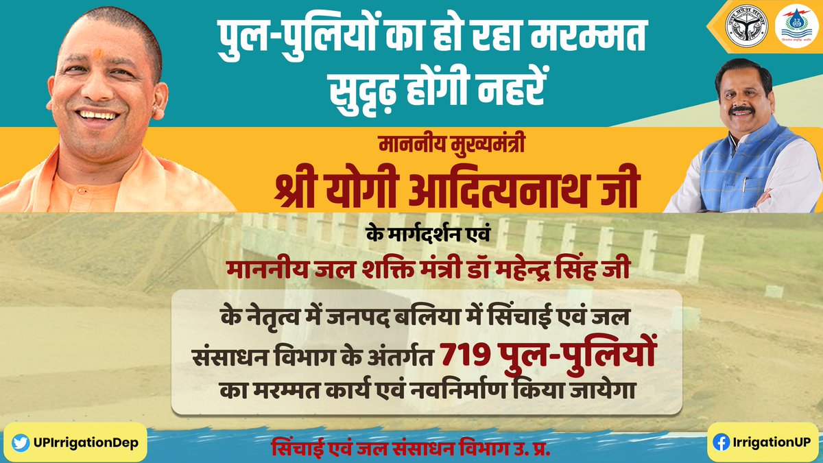 UPIrrigationDep's tweet photo. मा. मुख्यमंत्री श्री @myogiadityanath के मार्गदर्शन एवं मा. जलशक्ति मंत्री डॉ॰ @bjpdrmahendra जी के नेतृत्व में जनपद बलिया में सिंचाई एवं जल संसाधन विभाग के अंतर्गत 719 पुल-पुलियों का मरम्मत कार्य एवं नवनिर्माण किया जायेगा।

#JalShakti4UP https://t.co/WxAMVdBTvf