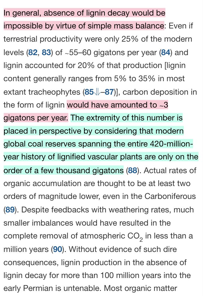 HOWEVER, i now think wood not degrading is an outdated theory. there's some pretty convincing evidence against it -- for example, absence of lignin decay for millennia should mean we have a lot more coal than we actually do https://www.pnas.org/content/113/9/2442