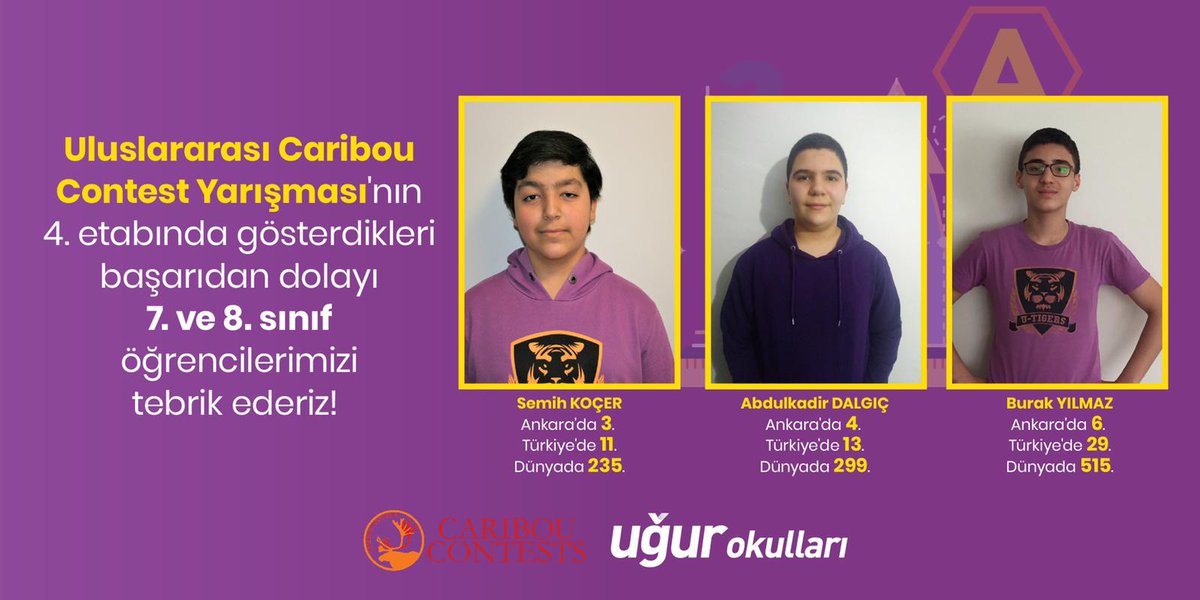Uluslararası Caribou Contest Yarışması'nın 4. etabında gösterdikleri başarıdan dolayı 7. ve 8. Sınıf öğrencilerimizi tebrik ederiz👏👏
#UgurluOlmak
<a href="/EnverYucel/">EnverYucel</a> <a href="/HuseyinYucell/">Hüseyin Yücel</a> <a href="/semrayucel/">Semra Yücel</a>