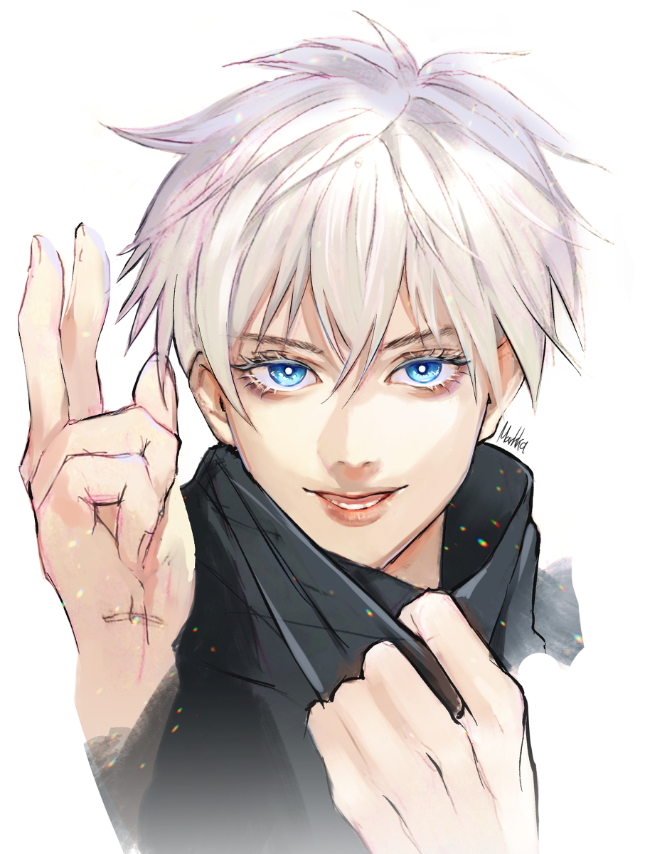 gojou satoru 1boy male focus blue eyes white hair solo white background short hair  illustration images