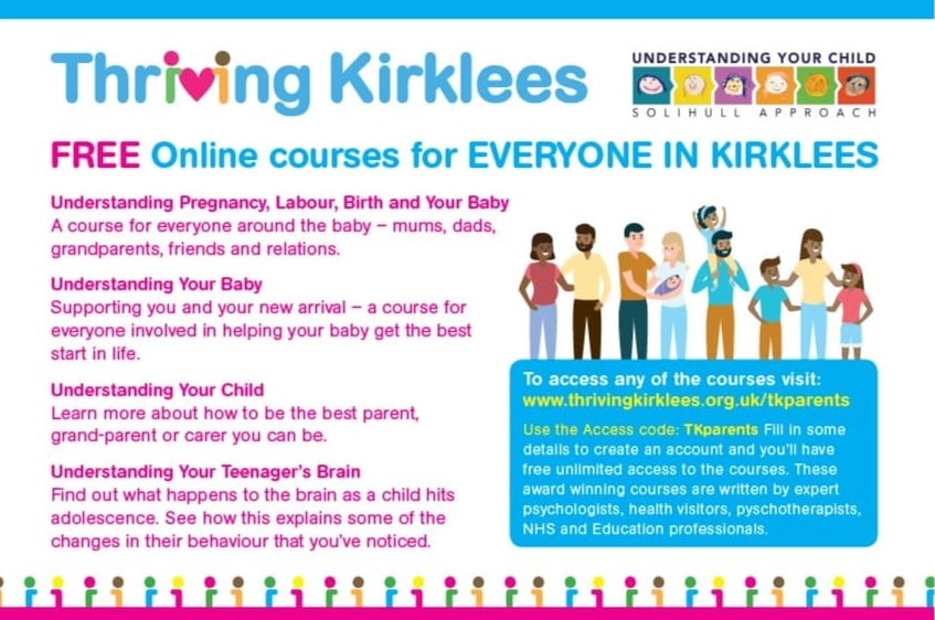 Calling everyone in #Kirklees check out the four free online courses below! 💙⬇️ From pregnancy to teenagers - it's all here free for you! #Kirkleescares #ThrivingKirklees #understandingyourchild #TKparents #onlinecourses #support 

Visit: thrivingkirklees.org.uk/tkparents/