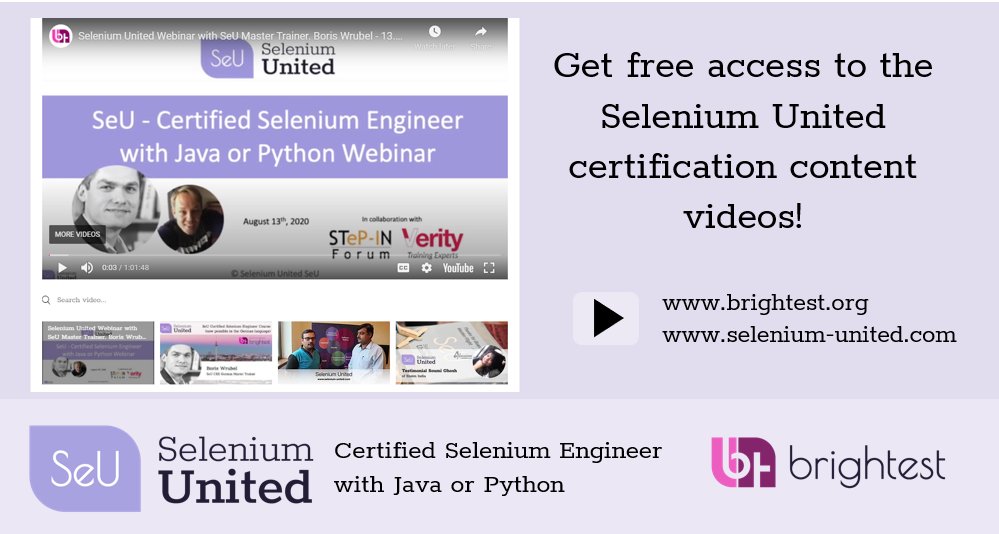 Watch our content videos anytime on the SeU official page and learn more on the Certified #Selenium Engineer #certification available with #Java and #Python !

Visit selenium-united.com now and get more info on our exam provider's page, <a href="/BrightestOrg/">Brightest</a>, brightest.org