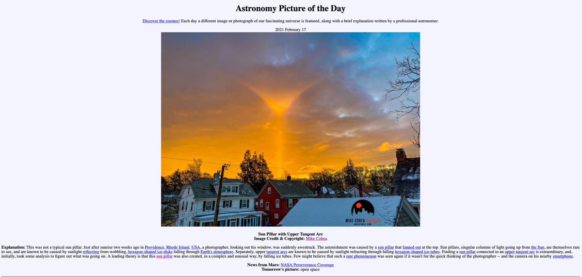 MikeCohea's tweet photo. What an incredible honor to have my sun pillar/upper tangent arc photo selected as today’s Astronomy Picture of the Day by https://t.co/HboWMLHch7 - check it out! @apod #astronomy #NASA #woohoo https://t.co/5GhA0QJ8gu