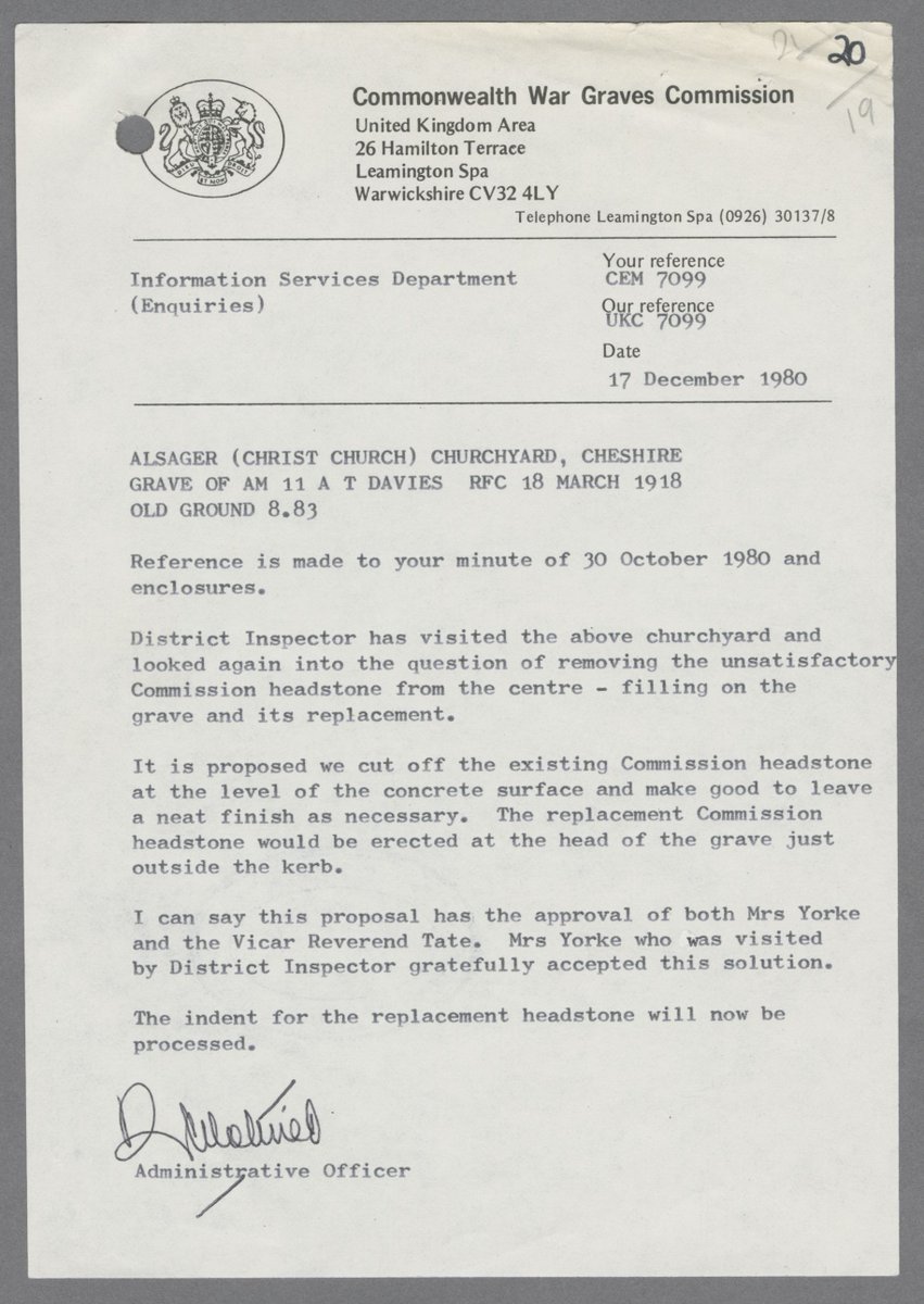 However, any attempts to remove the existing headstone could cause damage to the grave covering. The  @CWGC contacted Arthur's sister, and it was agreed that the headstone would be cut off at the base, and a new headstone erected at the head of the grave, outside the kerbs. 7/11