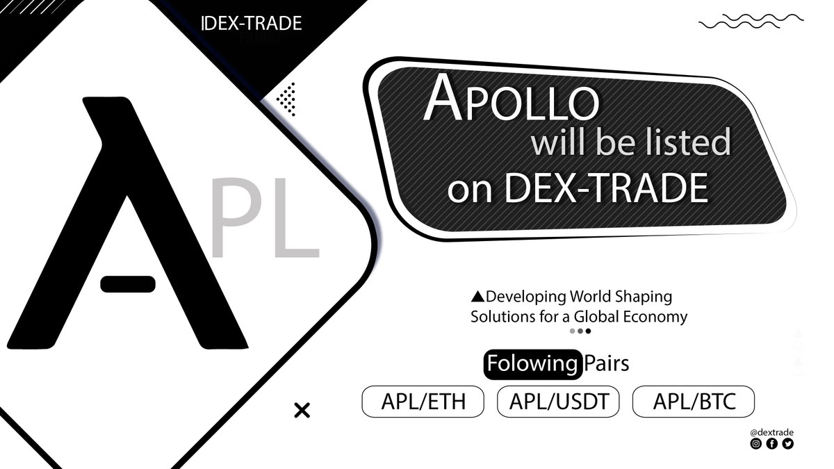 dextrade_'s tweet image. Apollo Currency  (APL)  will be listed on Dex-Trade  SOON
dex-trade.com
The following pairs will be supported: 
APL/ETH
APL/USDT
APL/BTC