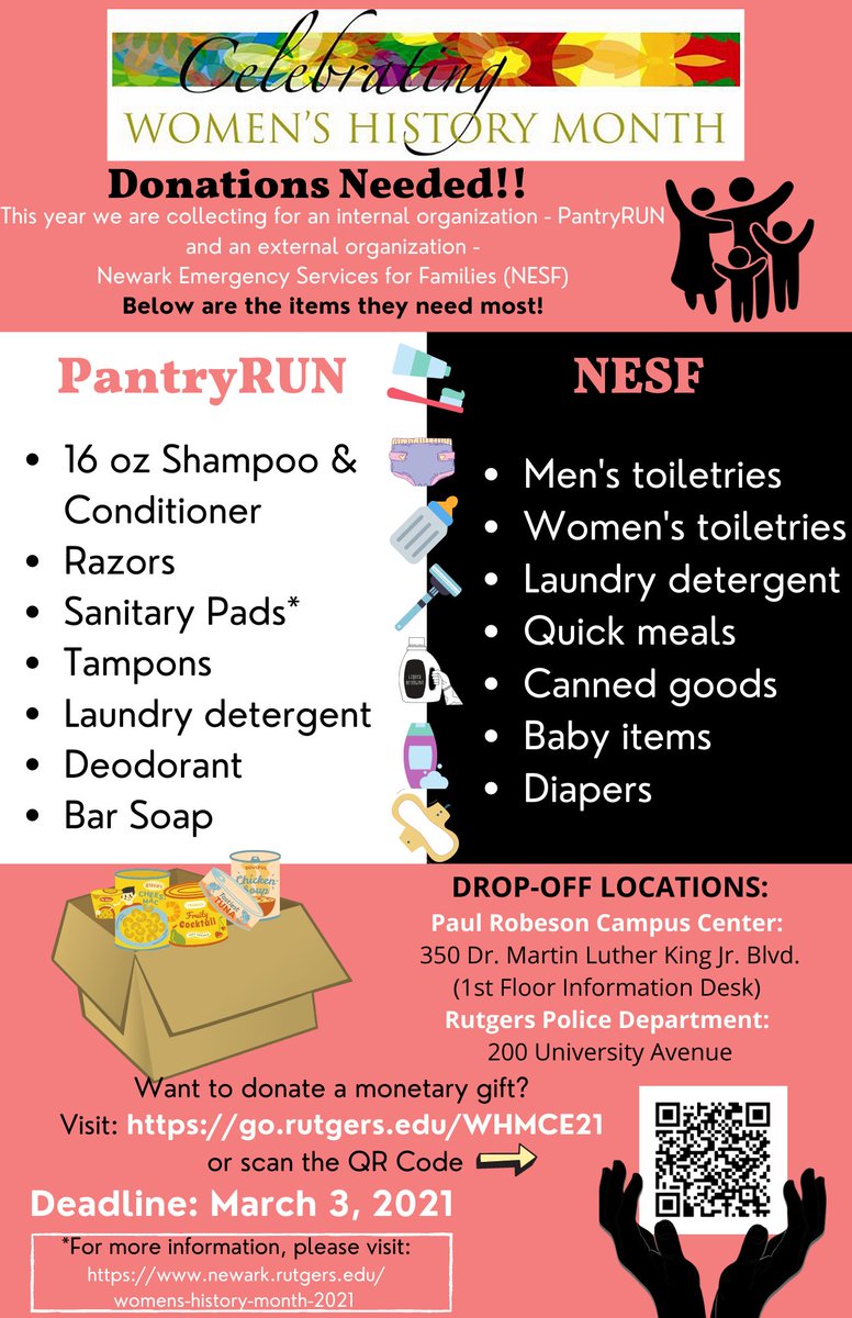 Rutgers_Newark's tweet photo. The #Rutgers - #Newark Women's History Month Celebration Committee is collecting donations for our PantryRUN, which supplies food to students in need, and @NESF_NJ. Visit https://t.co/xUdFcUS2Uu for details. 

#RUNWHM #communityservice https://t.co/ZEPLpPIUk2