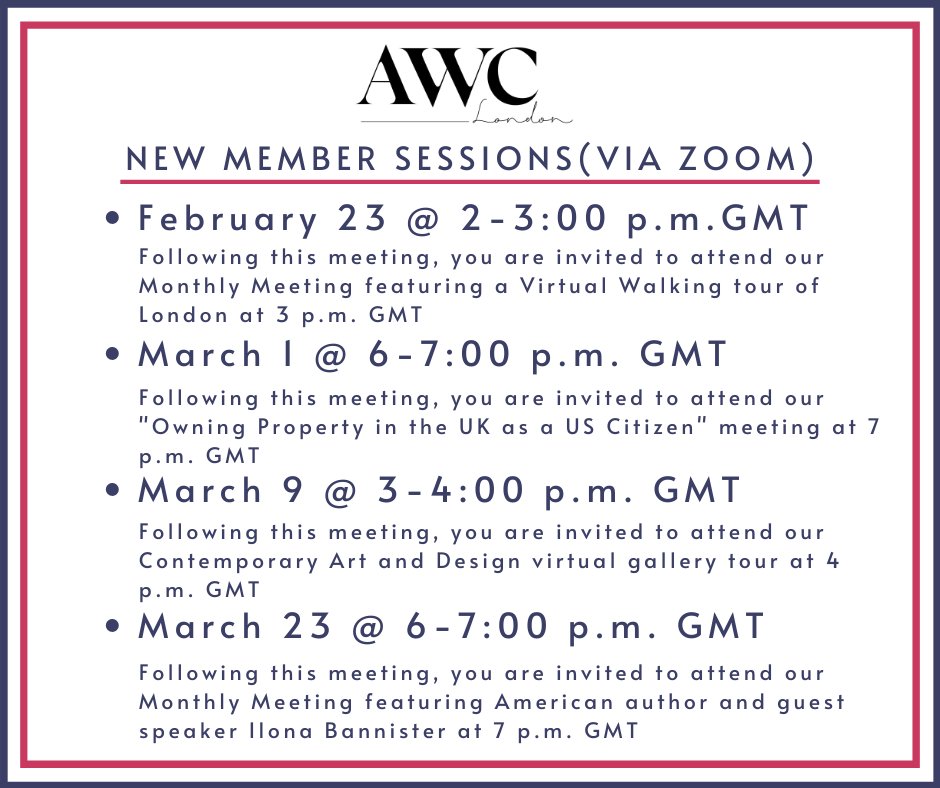 awclondonorg's tweet photo. AWC London has remained active with virtual events and activities throughout lockdowns. If you register for an upcoming New Member Session, we invite you to attend one of our virtual events as our guest. Upcoming New Member Sessions are below. 
https://t.co/tAjHuB2B8g. https://t.co/QhYhqtWl17