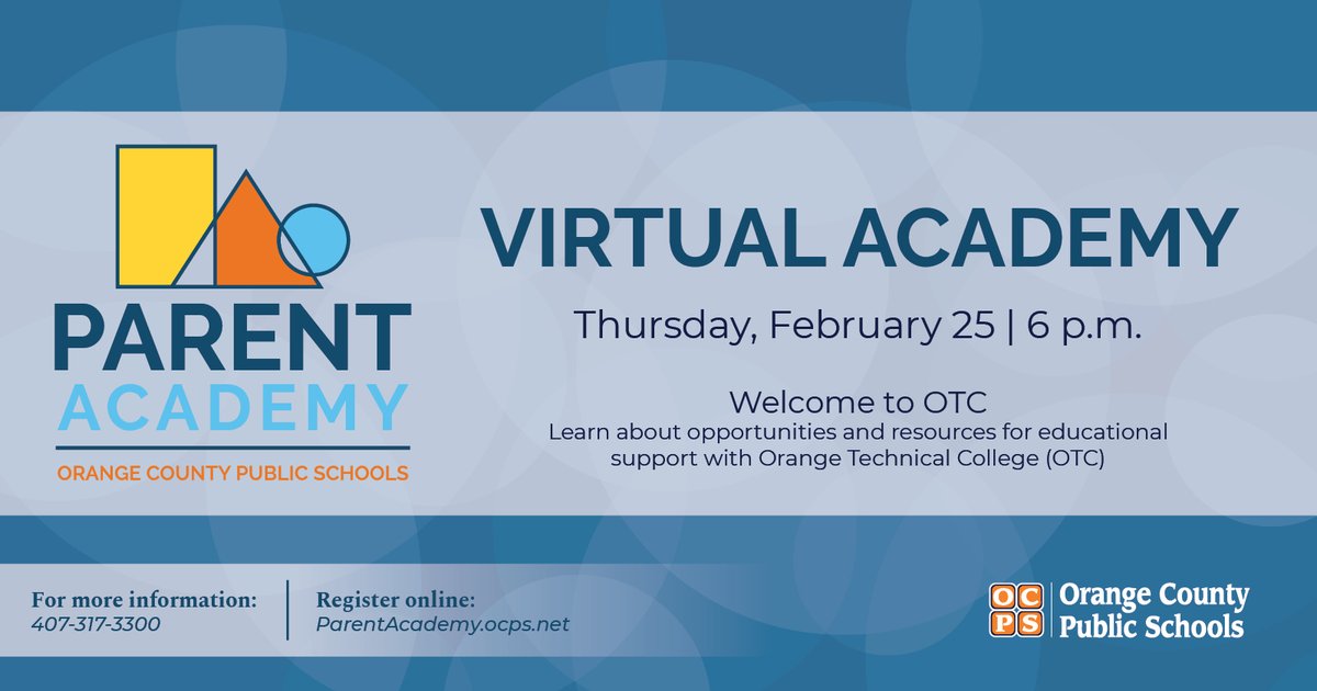 Virtual Parent Academy is next week!  Learn about what Orange Technical College has to offer you and your students.  6pm February 25. Register at ParentAcademy.ocps.net #OCPSPFE