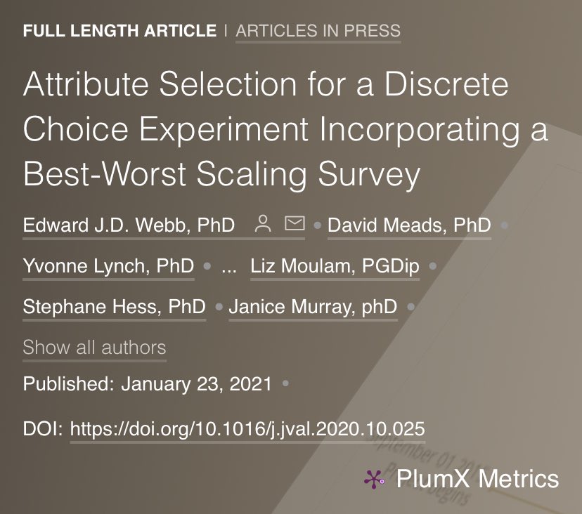 New I-ASC paper published Attribute Selection for a Discrete Choice Experiment Incorporating a Best-Worst Scaling Survey valueinhealthjournal.com/article/S1098-…