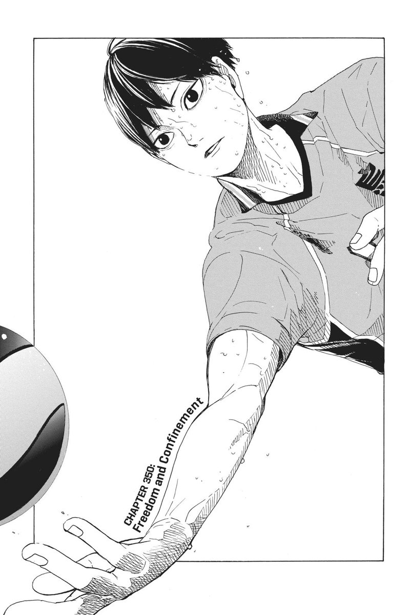 SyoyoTobi's tweet image. Kageyama giving Hinata the meaning of freedom. It's always been abt them😭
I love the way the chapter title text flows from Kageyama's hands like he's showing Hinata..