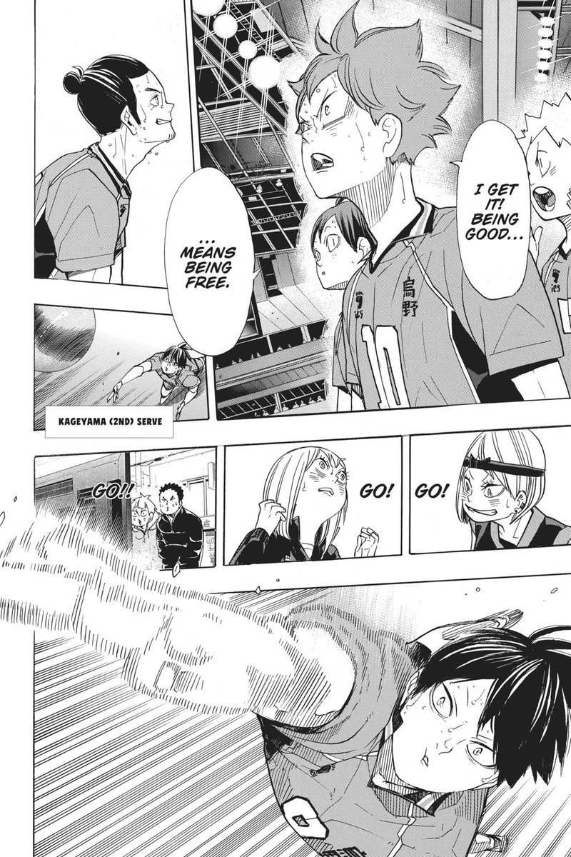 SyoyoTobi's tweet image. Kageyama giving Hinata the meaning of freedom. It's always been abt them😭
I love the way the chapter title text flows from Kageyama's hands like he's showing Hinata..