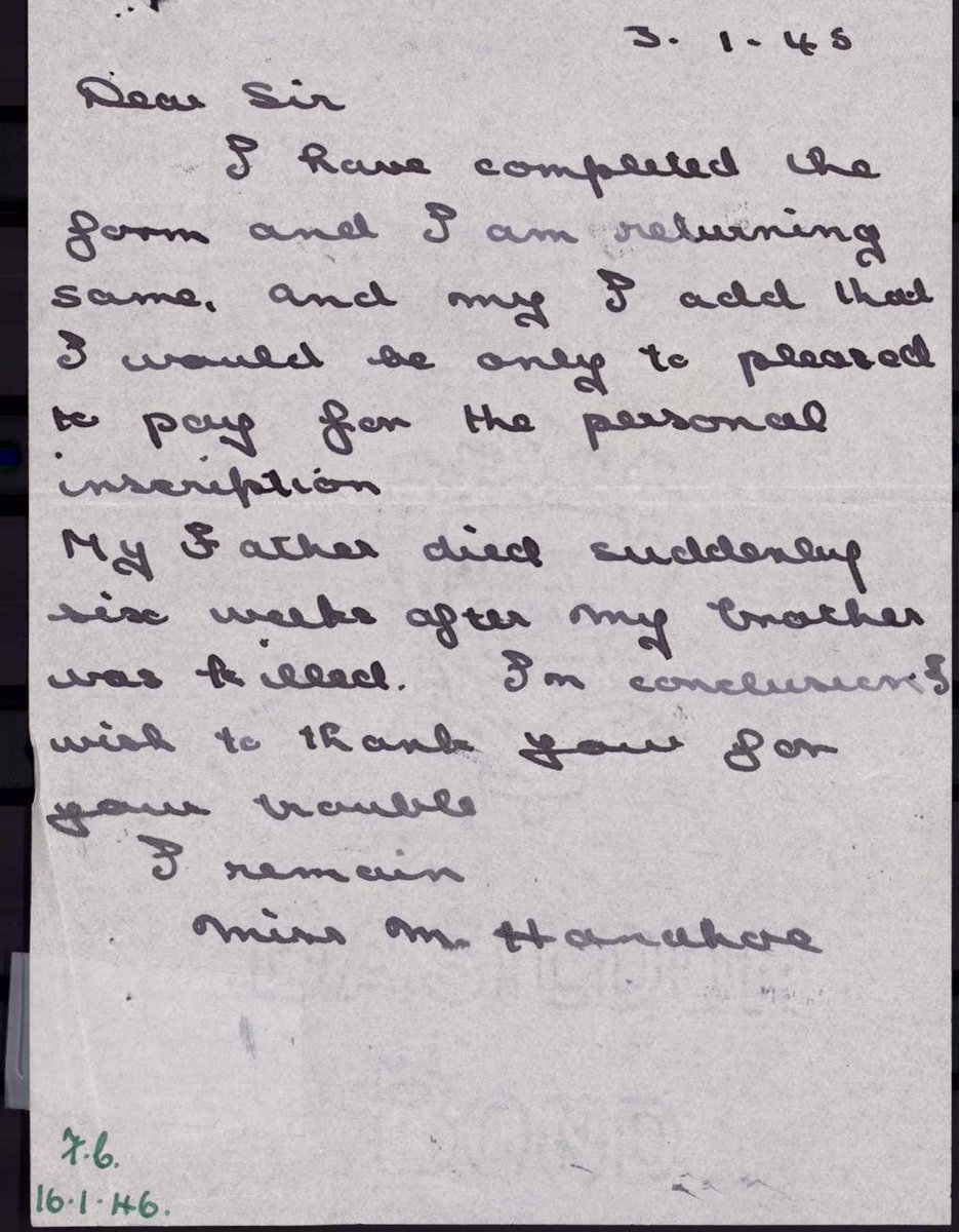 Marine John Hanahoe's grave is marked with a private memorial, but the decision by the family to do so seems in some ways to have been a matter of chance. In January 1946,  @CWGC received a letter from Margaret Hanahoe, John's sister, requesting a Commission headstone. 9/11