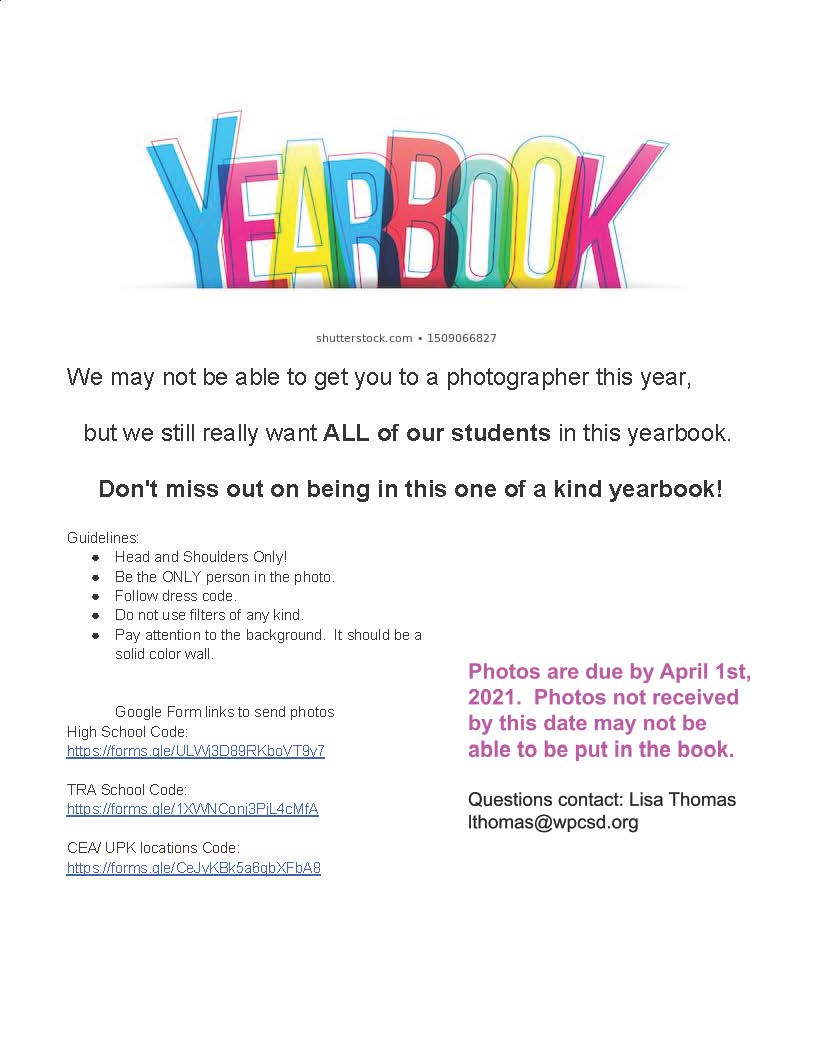 WhitneyPointCSD's tweet photo. We want to see all of our students in the yearbook! Don't forget to submit your photo by April 1. Guidelines and submissions instructions are below. For questions, email Lisa Thomas: lthomas@wpcsd.org. https://t.co/kZQtk0jymx