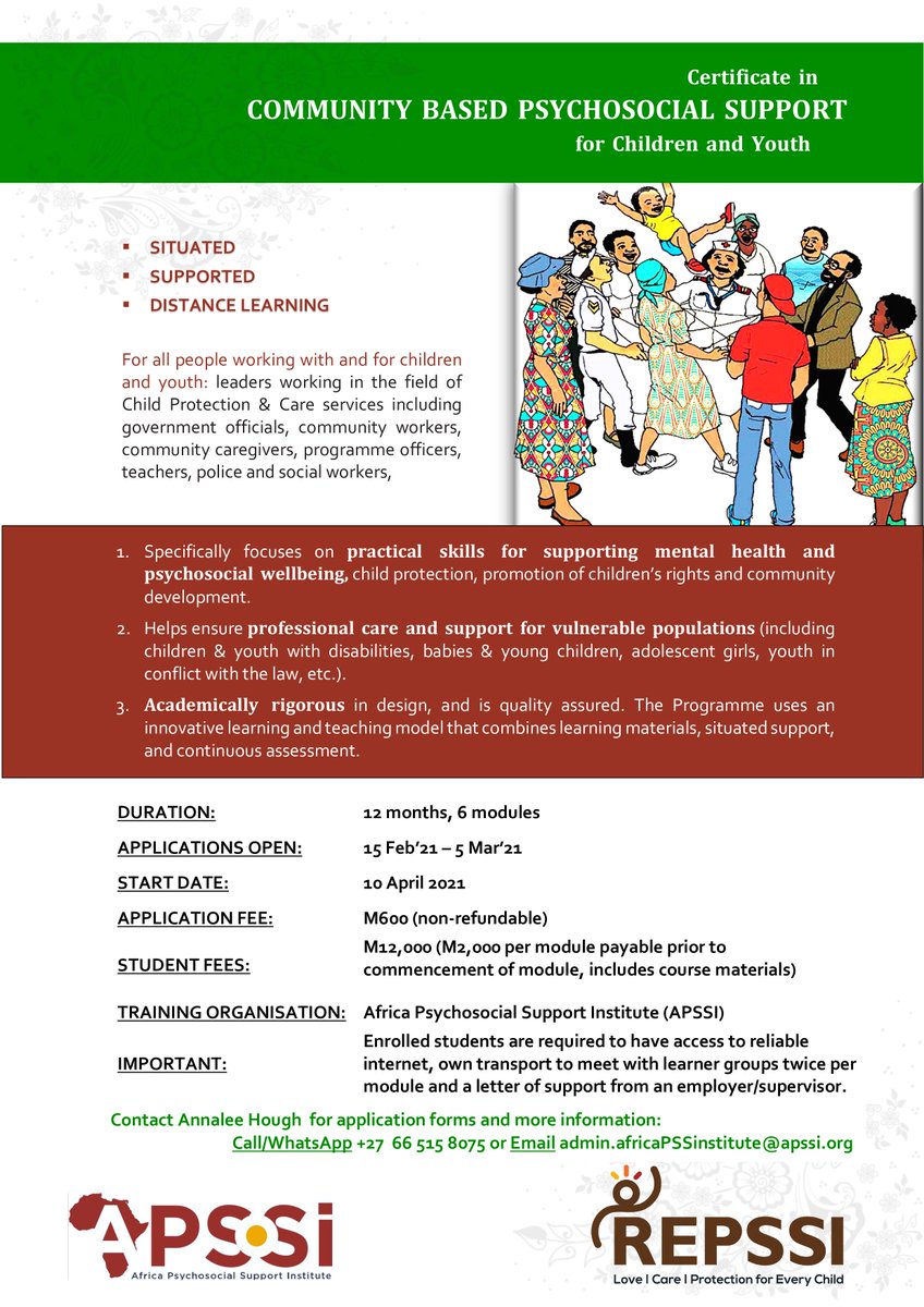 APSSInstitute's tweet photo. Are you working with and for children
&amp; youth and want to upskill yourself? Contact admin.africaPSSInstitute@apssi.org to access our 12 month, situated, supported distance learning programme. #Lesotho https://t.co/IBXXdAc6qE