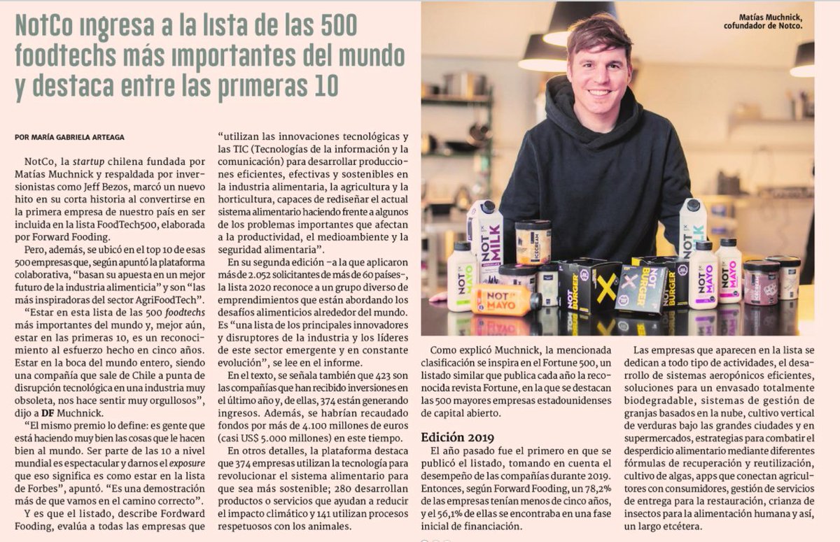 Transforma Alimentos (@transforma_alim) on Twitter photo #TheFoodtech500 Esta noticia es un verdadero orgullo.
2.052 empresas a nivel global. Chile se destacó con 4 finalistas. #NotCo en los 10 primeros, también están <a href="/thelivegreenco/">The Live Green Co</a>, #DoneProperly e @instacrops_cl
Talento y trabajo hay de sobre por acá.
👏🏽👏🏻👏
lnkd.in/ejidcfk #TheFoodtech500 Esta noticia es un verdadero orgullo.
2.052 empresas a nivel global. Chile se destacó con 4 finalistas. #NotCo en los 10 primeros, también están <a href="/thelivegreenco/">The Live Green Co</a>, #DoneProperly e @instacrops_cl
Talento y trabajo hay de sobre por acá.
👏🏽👏🏻👏
lnkd.in/ejidcfk
