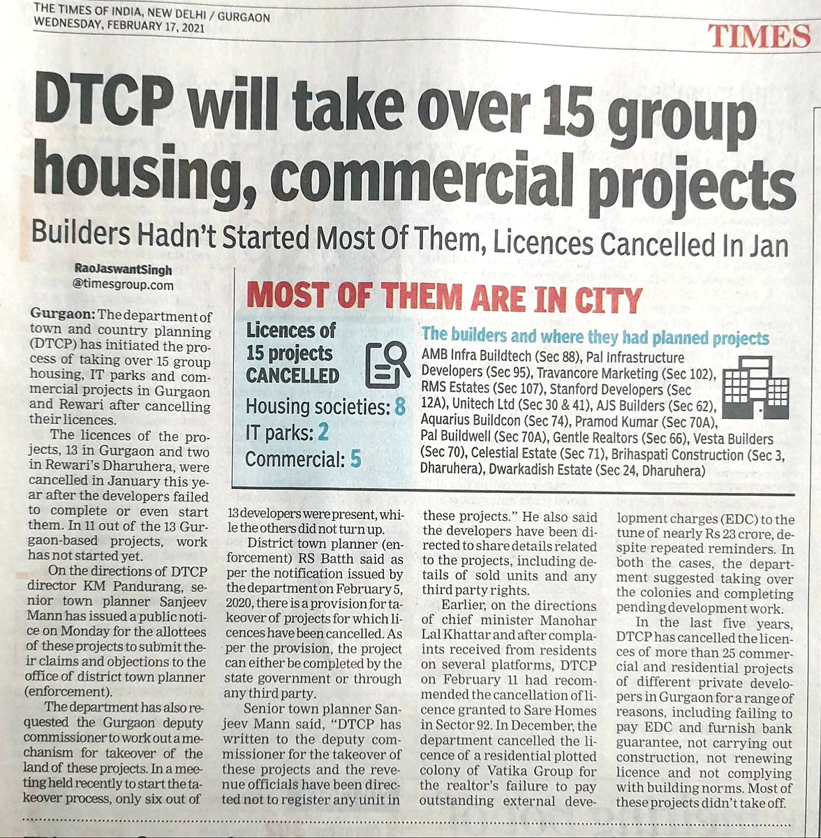 <a href="/dtcphry/">Director Town & Country Planning</a> has initiated the process of taking over 15 group housing, IT parks and commercial projects in Gurgaon and Rewari after cancelling their licences in January this year as the developers failed to complete or even start them. <a href="/cmohry/">CMO Haryana</a> <a href="/kMakrandIAS/">मकरंद</a>