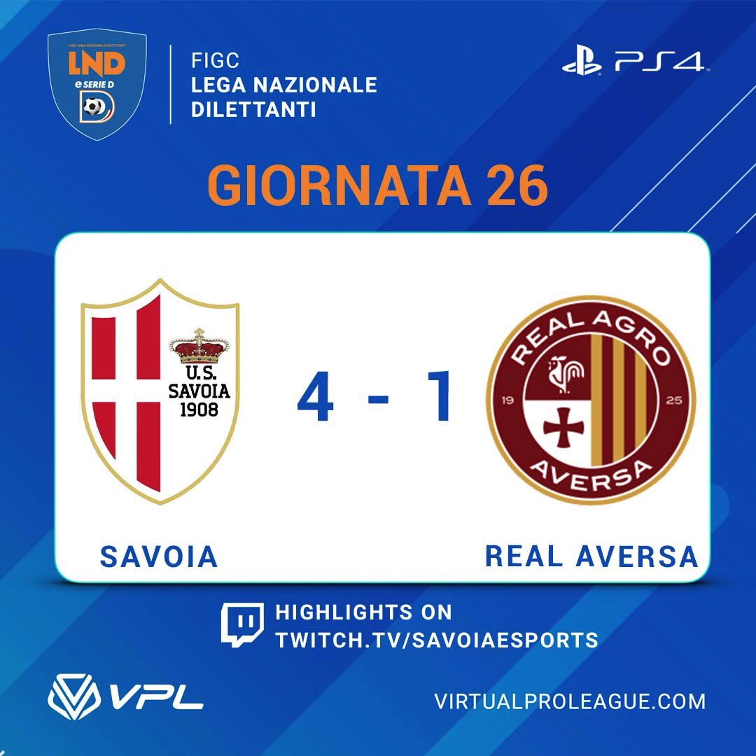 SavoiaeSports's tweet photo. 📌| FULL TIME 🤍🖤

🏆 @LegaDilettanti eSerie D
🆚 @RealAversaEsp
✅ 4️⃣➖1️⃣
⚽️⚽️ @Supremacy1194
⚽️ @FantaCecco10
⚽️👟👟 @chakamaca10
👟 @Zerbovic10
👟 @Matty_braco10
🏅 @Supremacy1194

#lnd #eseried #11vs11 #proclub #virtualproleague #esport #BianchiAlè #ForzaSavoiaSempre 🏳️ https://t.co/zXNU4rJ55O