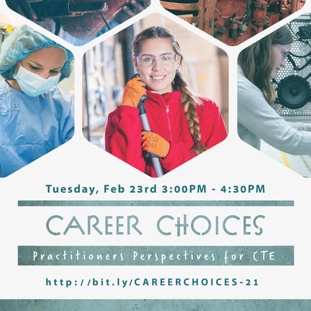CTE courses can make a big impact. Learn how the Career Choices CTE course can support dual credit, high school &amp; beyond planning, and CTE graduation pathways. Hear from local practitioners how they are implementing this course. 
2/23, 3-4:30PM. Register:  bit.ly/CAREERCHOICES-…