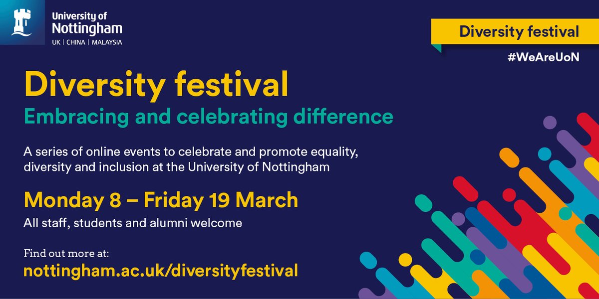 We're inviting staff, students and alumni to get involved in our Five Ways to Wellbeing Expo.

Submit your images to feature during the diversity festival and promote positive mental health and wellbeing. 

Find out more online at nottingham.ac.uk/diversityfesti… 

#WeAreUoN