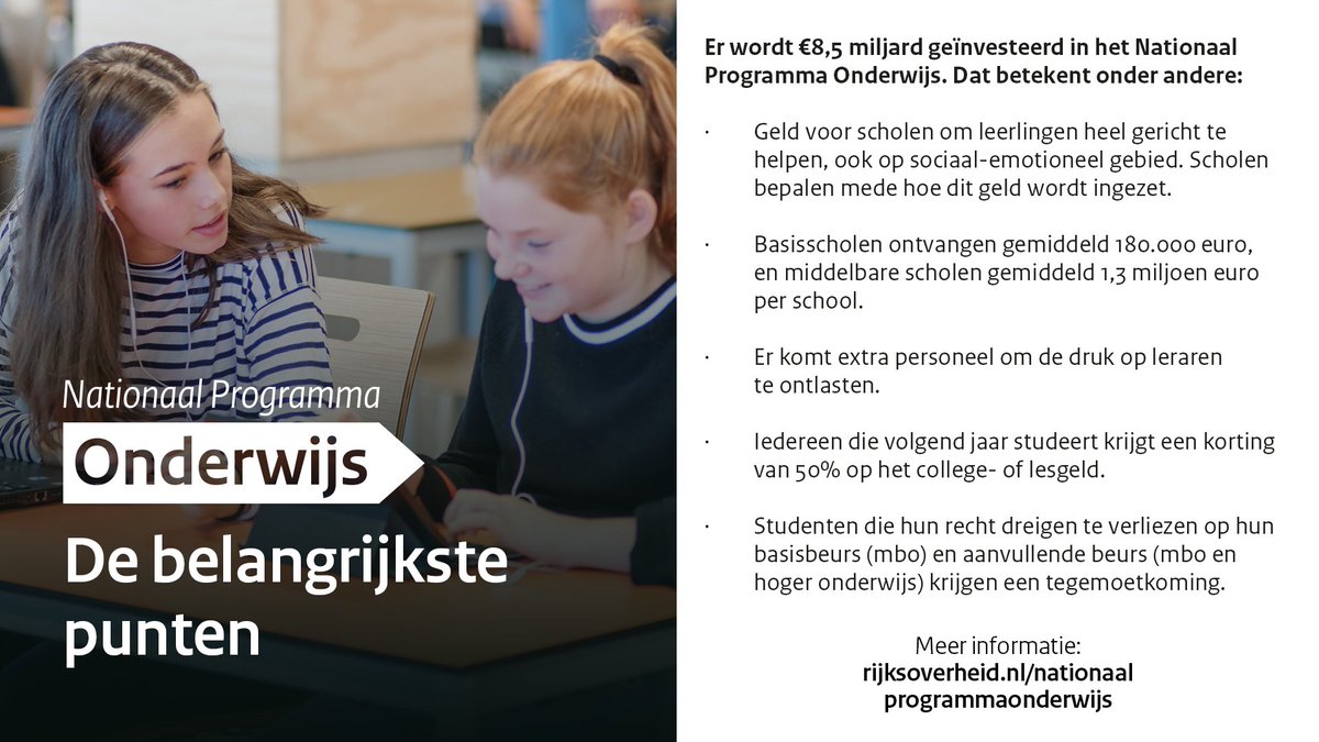 Leerlingen en studenten verdienen volwaardig onderwijs en een goede toekomst. De coronacrisis mag dit niet in de weg staan. Daarom komt het kabinet met het Nationaal Programma Onderwijs.

Meer informatie: 
rijksoverheid.nl/nationaalprogr…

#nationaalprogrammaonderwijs